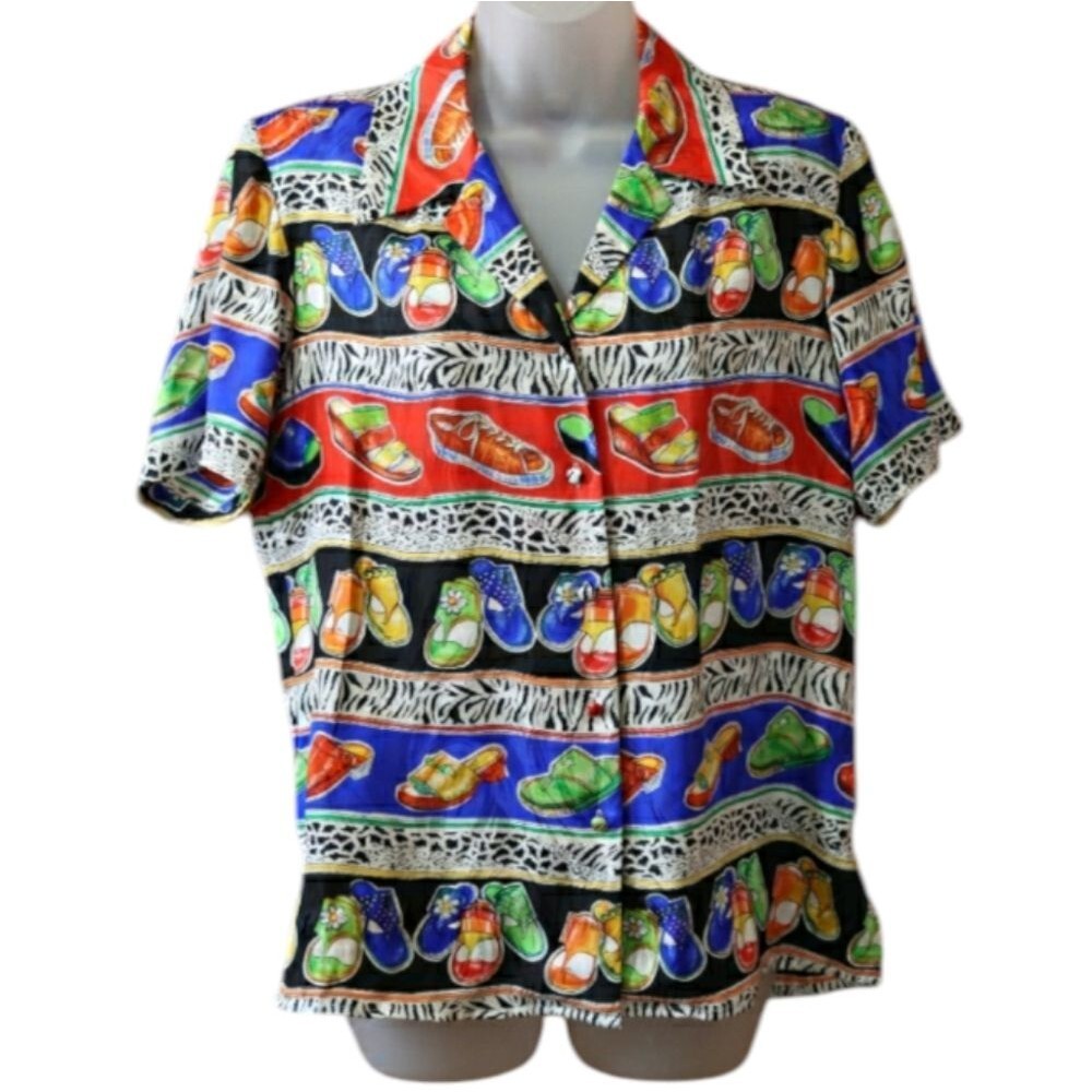 Corey B Tropical Flip Flop Button Down Short Sleeve Blouse 6